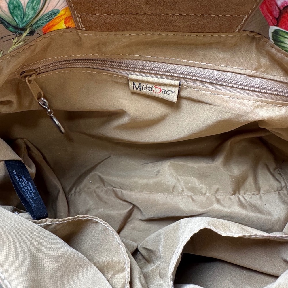 MultiSac Floral Butterfly Crossbody Shoulder Handbag Taupe Multi Pocket Purse - Picture 3 of 4